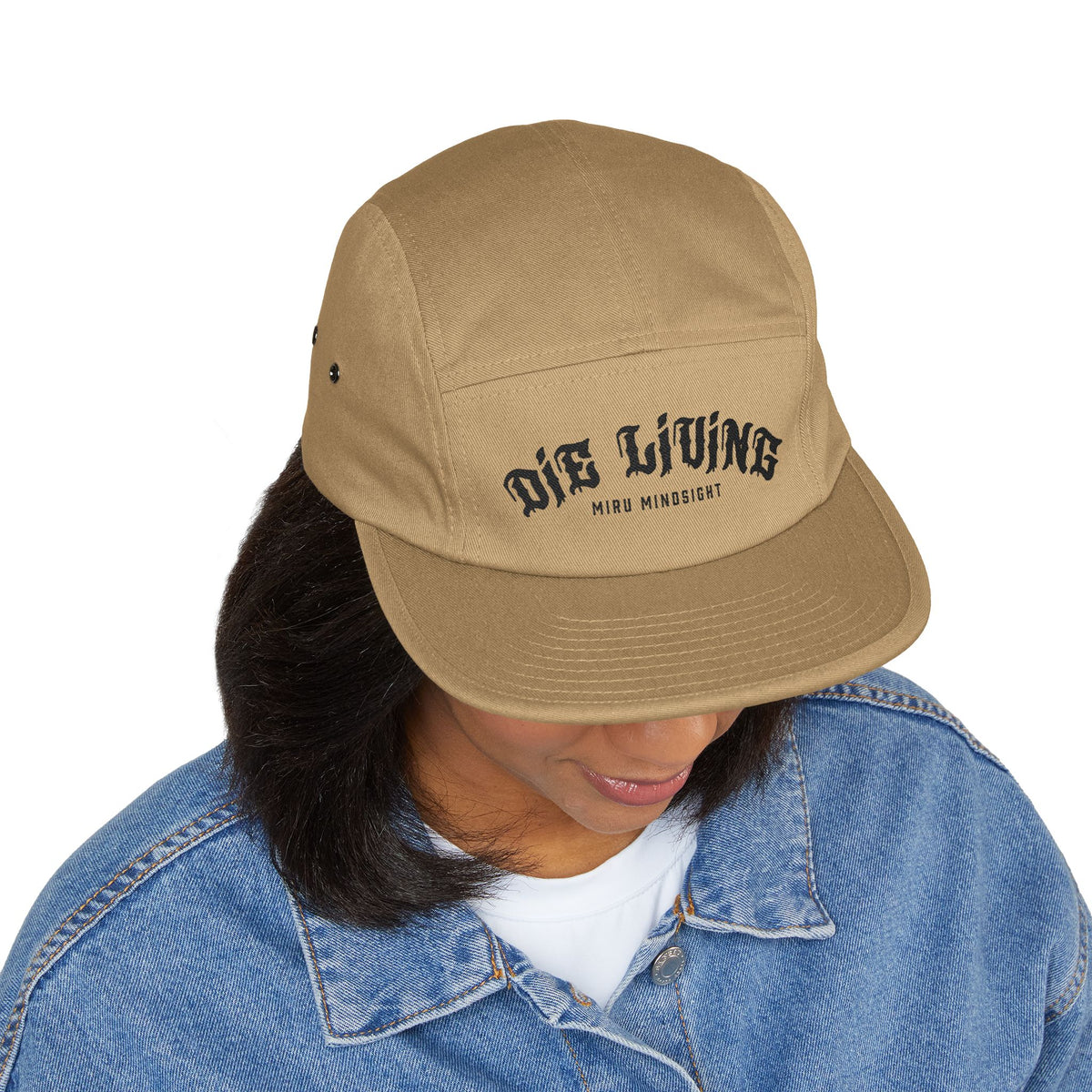 5-Panel Embroidered Cap — "Die Living" Streetwear Hat (Black lettering)