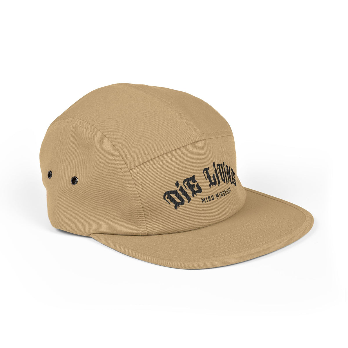 5-Panel Embroidered Cap — "Die Living" Streetwear Hat (Black lettering)