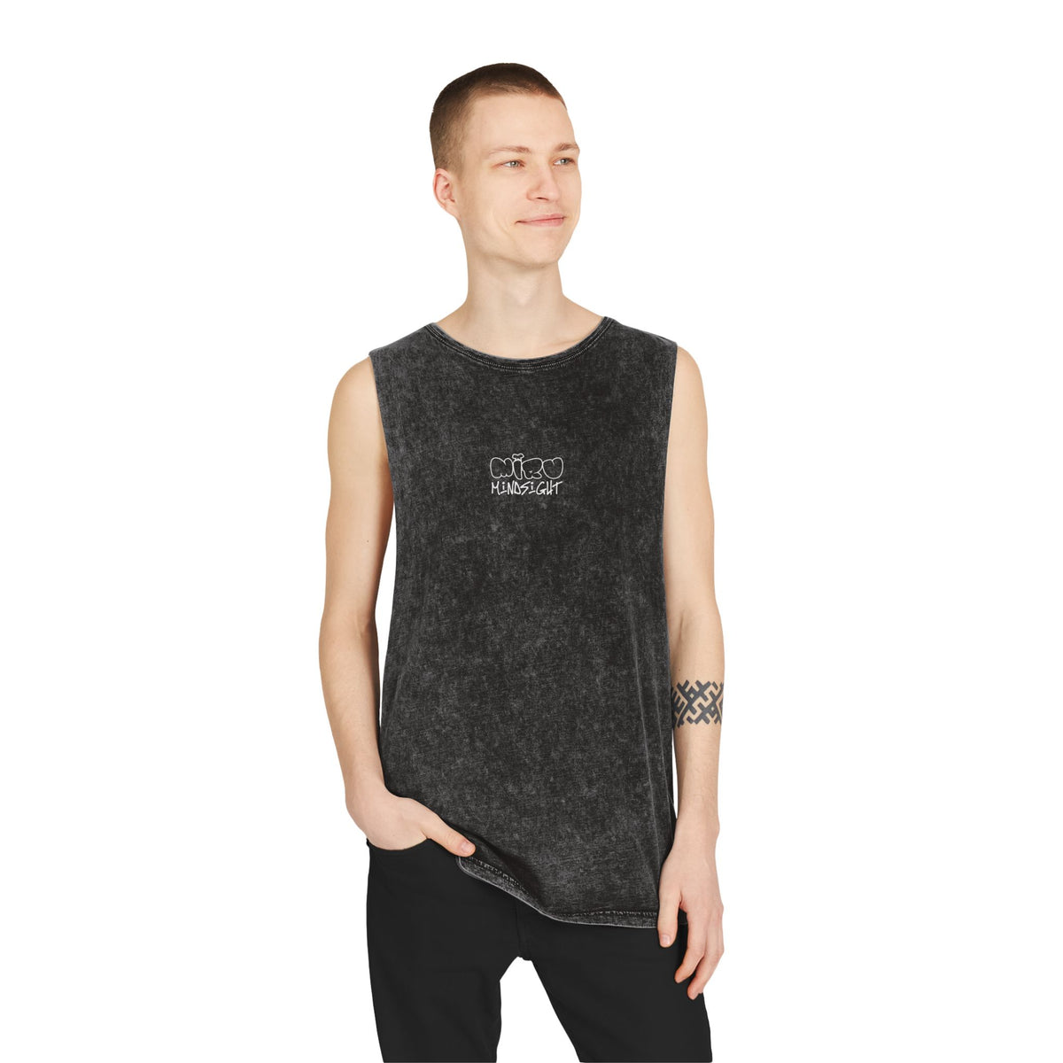 "I'm Happy You're Here" Logo Unisex Stonewash Tank Top