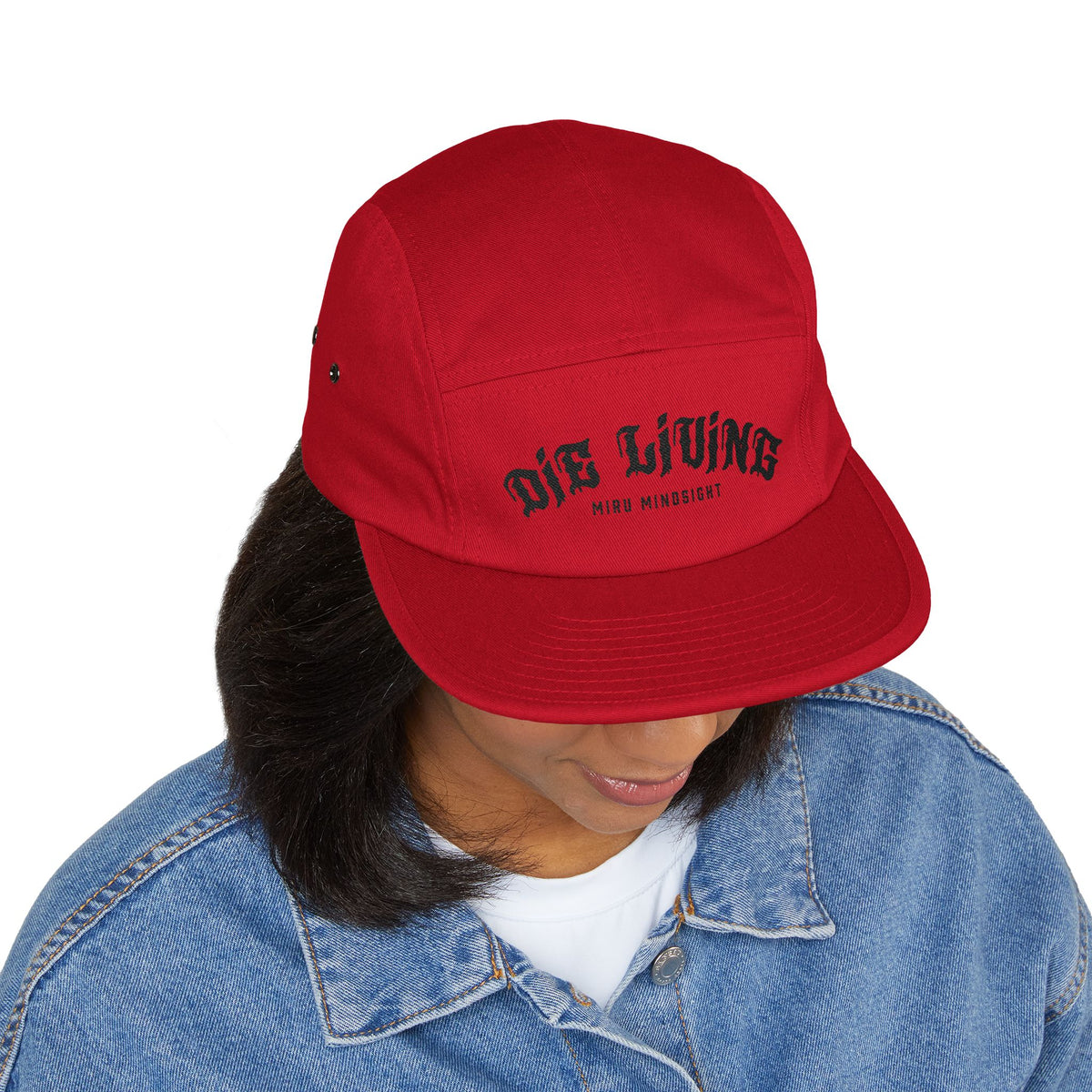 5-Panel Embroidered Cap — "Die Living" Streetwear Hat (Black lettering)
