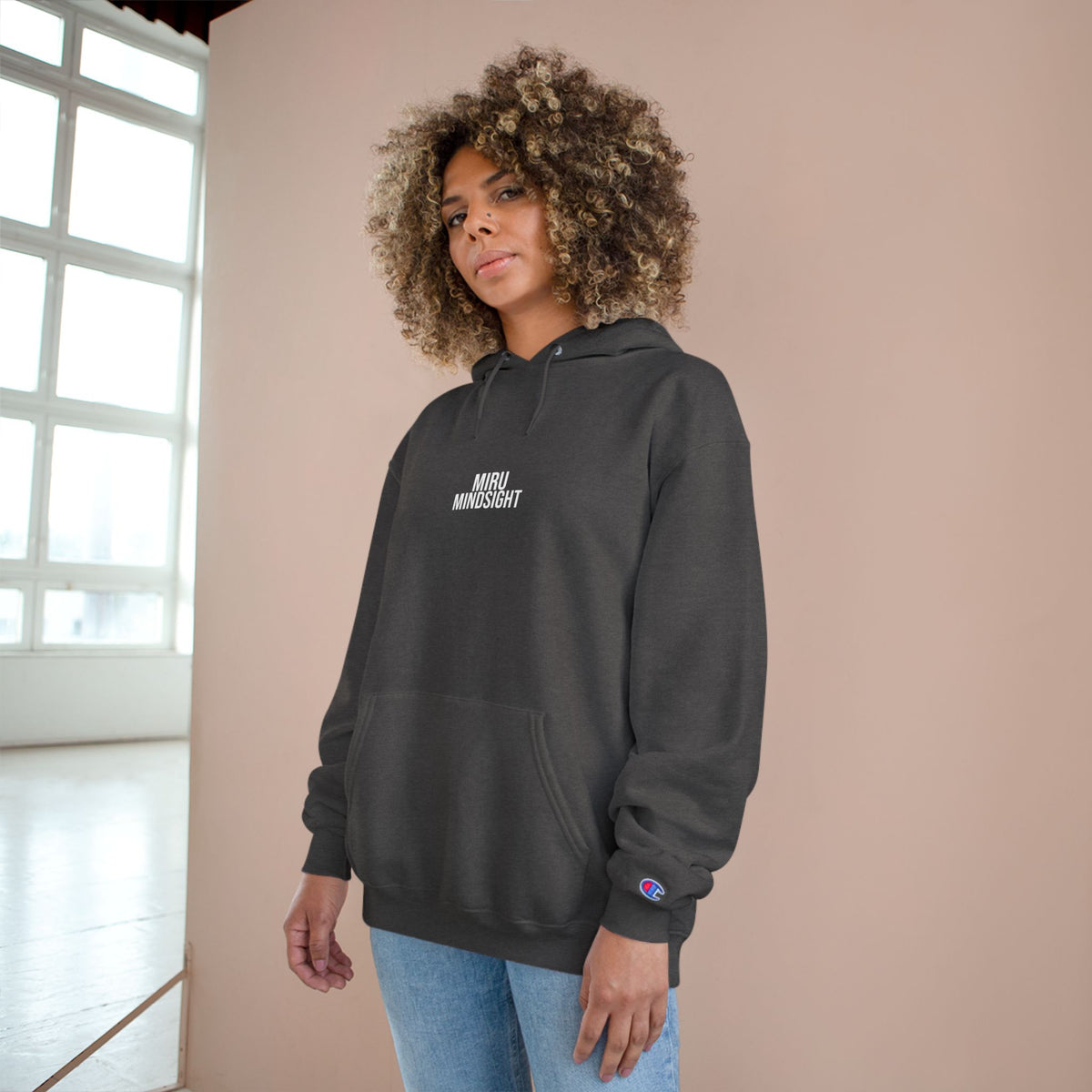 "I'm Happy You're Here." Print Unisex Champion White Hoodie