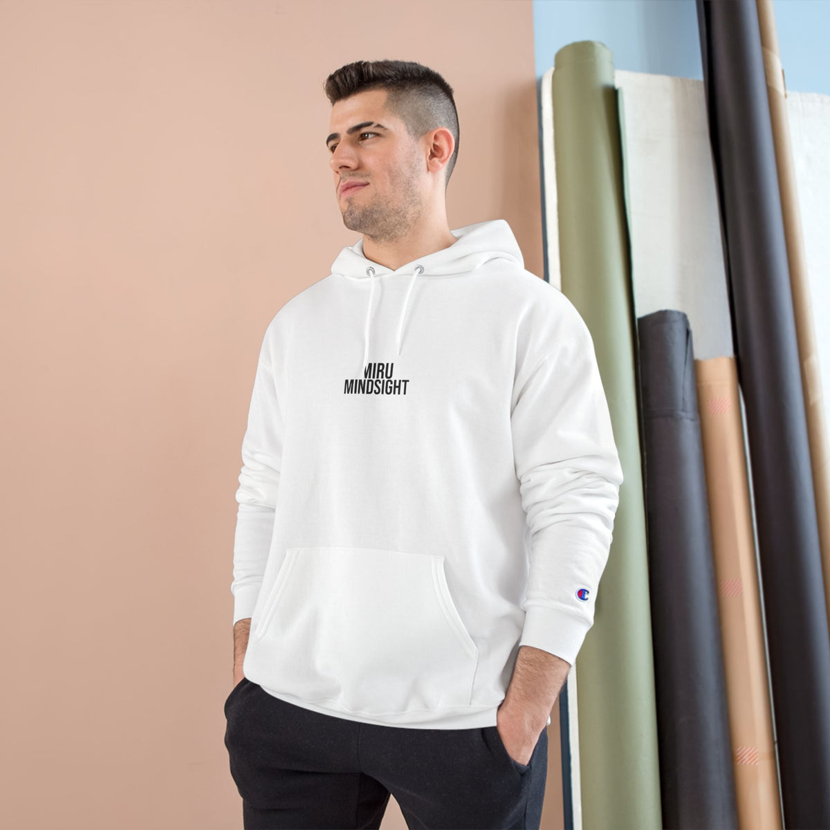 "I'm Happy You're Here." Print Unisex Champion White Hoodie